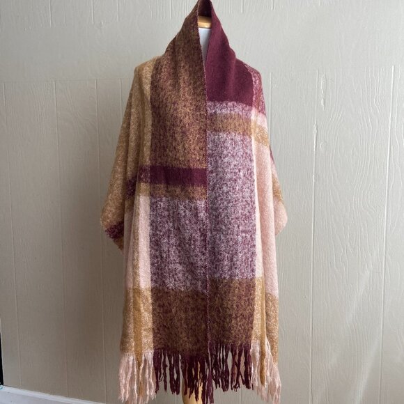 Soft Cozy Chunky Knit Boho Plaid Print Fringe Trim Oversized Scarf Wrap - Picture 2 of 13